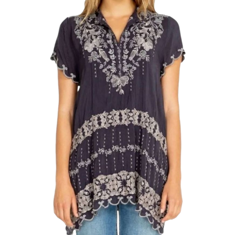 JOHNNY WAS Fletcher Embroidered Tunic Top Blue Grey Oversized Small - Picture 2 of 12